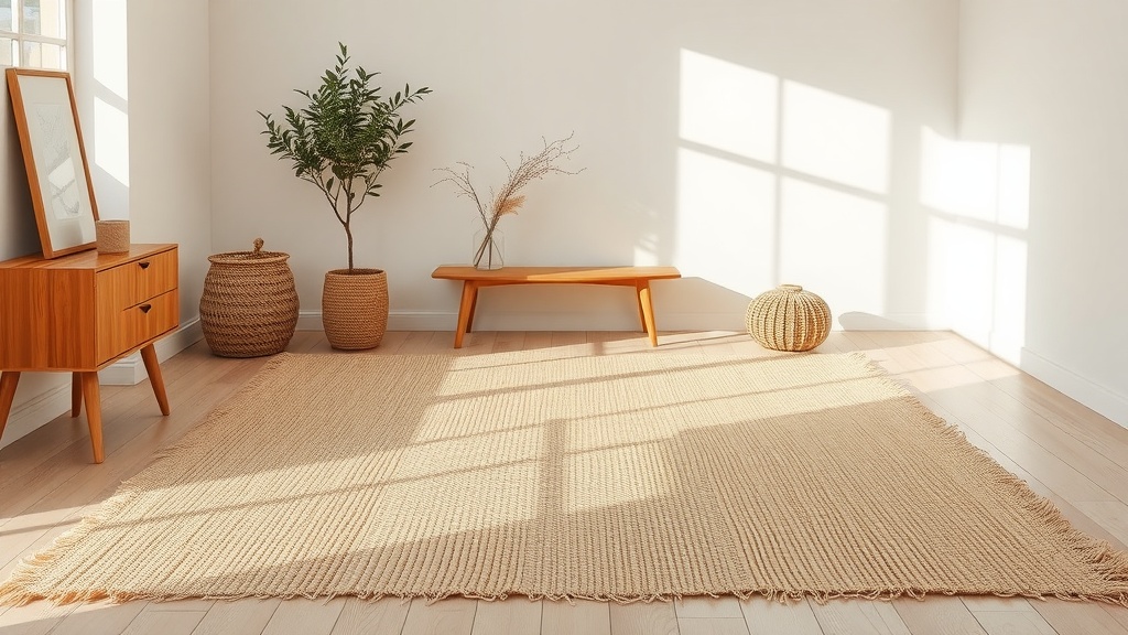 A cozy living space featuring a natural fiber rug with plants and wooden furniture.
