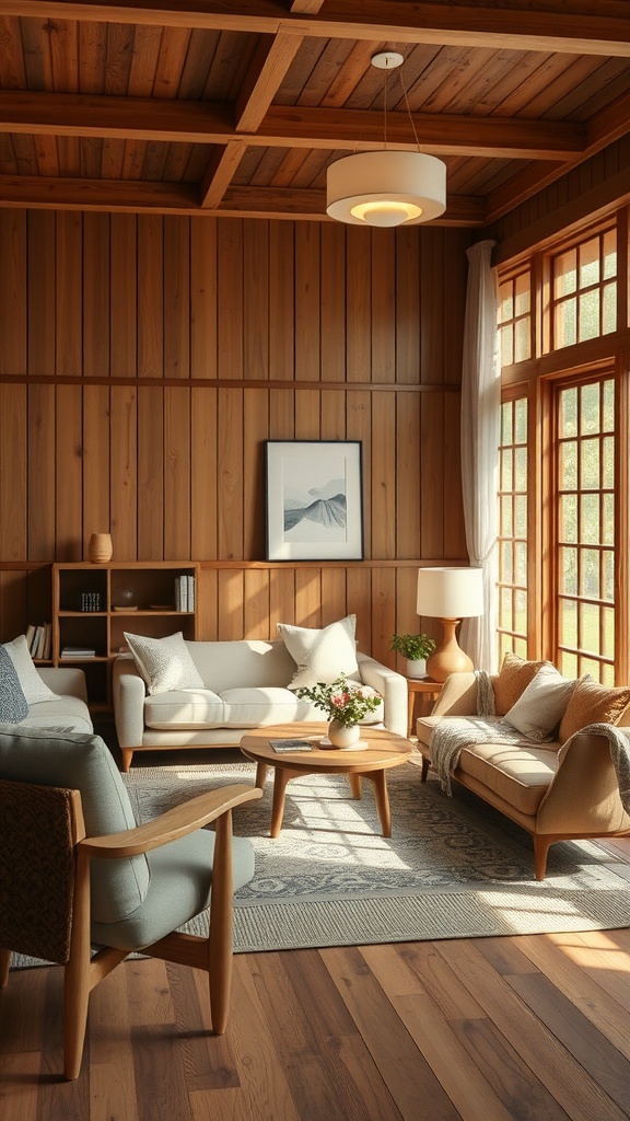 Living room with wooden accents, showcasing a cozy and calming atmosphere.