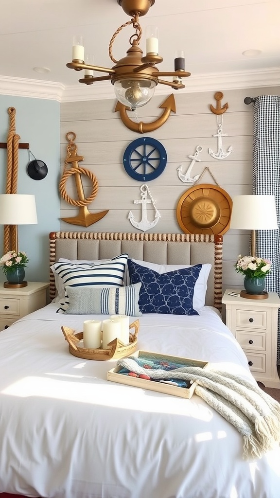A modern bedroom with nautical decor, featuring anchors, ship wheels, and coastal-themed pillows.