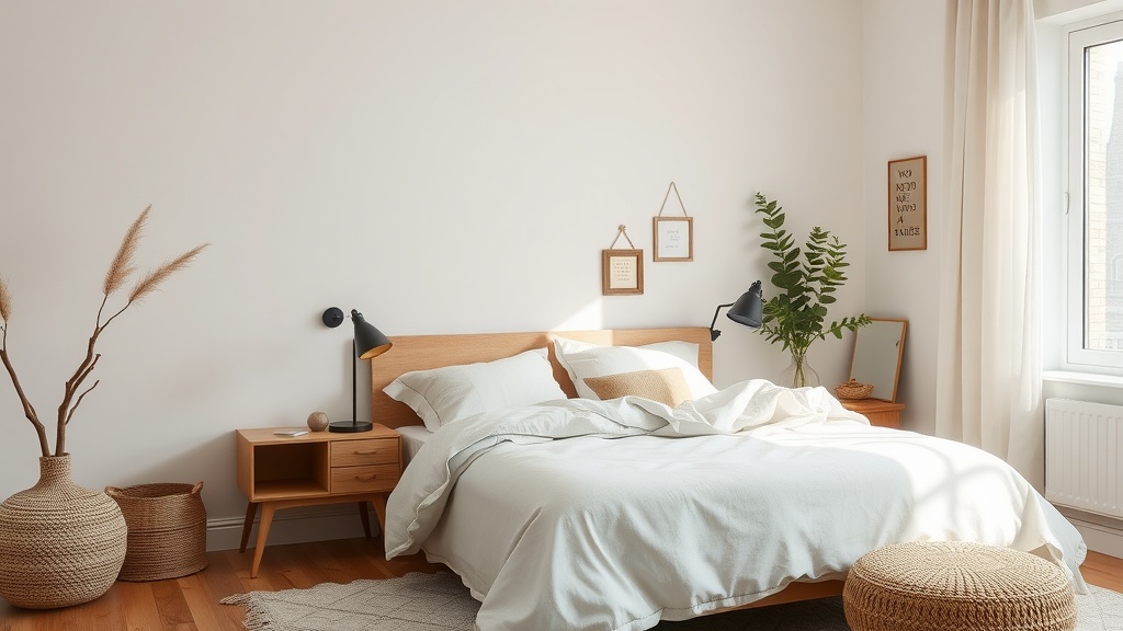 A cozy bedroom featuring neutral tones, a wooden bed frame, and natural decor.