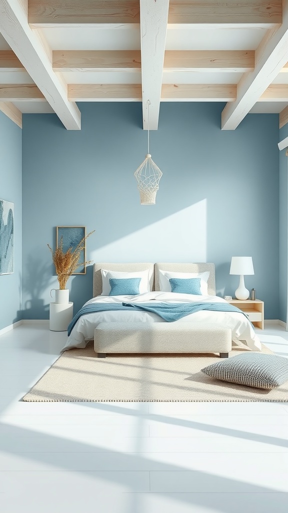 Modern bedroom decor featuring an ocean-inspired color palette with blue walls and white accents.