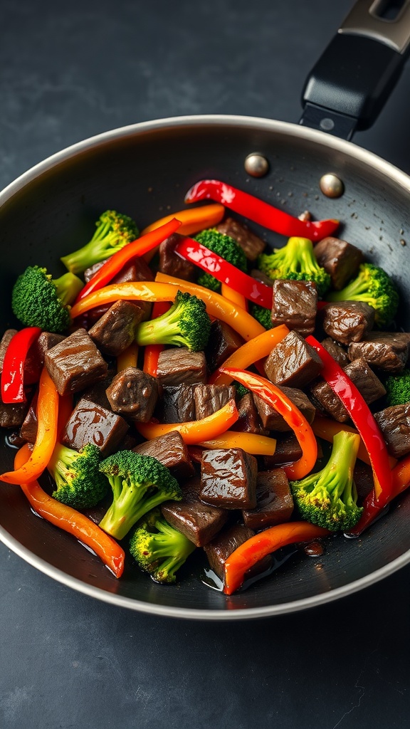 A delicious one-pan beef and broccoli stir-fry with colorful bell peppers.
