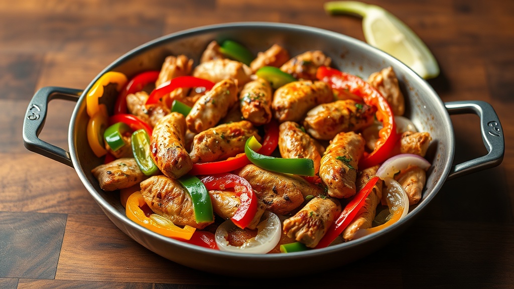 A pan filled with cooked chicken and colorful bell peppers.