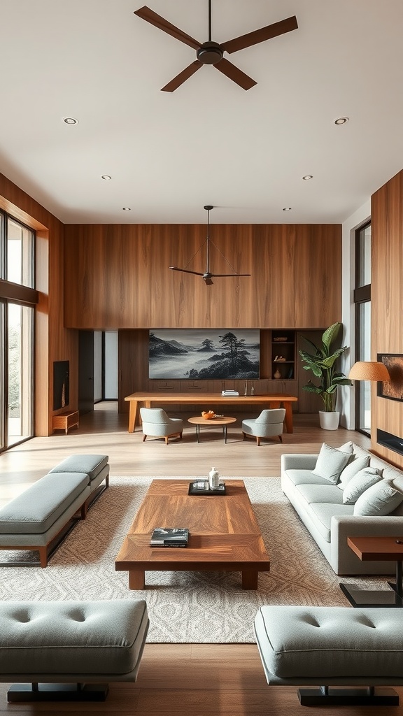 A spacious open-concept living area featuring wooden walls and modern furniture in Japandi style.