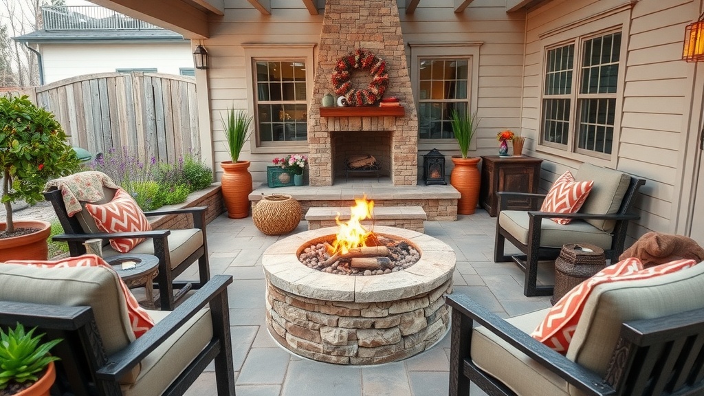 A cozy outdoor living space with a fire pit surrounded by comfortable chairs and decorative elements.