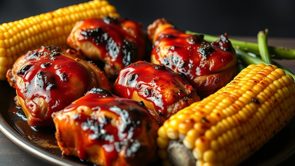 Plate of oven-baked BBQ chicken thighs with corn and green beans.