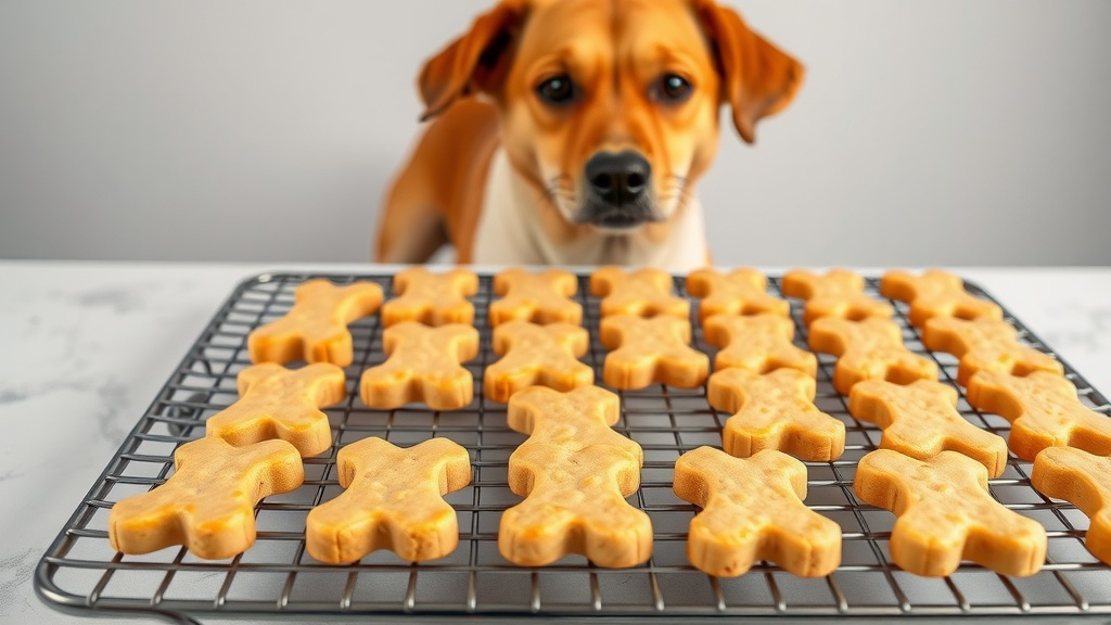A plate of homemade peanut butter and banana dog biscuits with a dog in the background