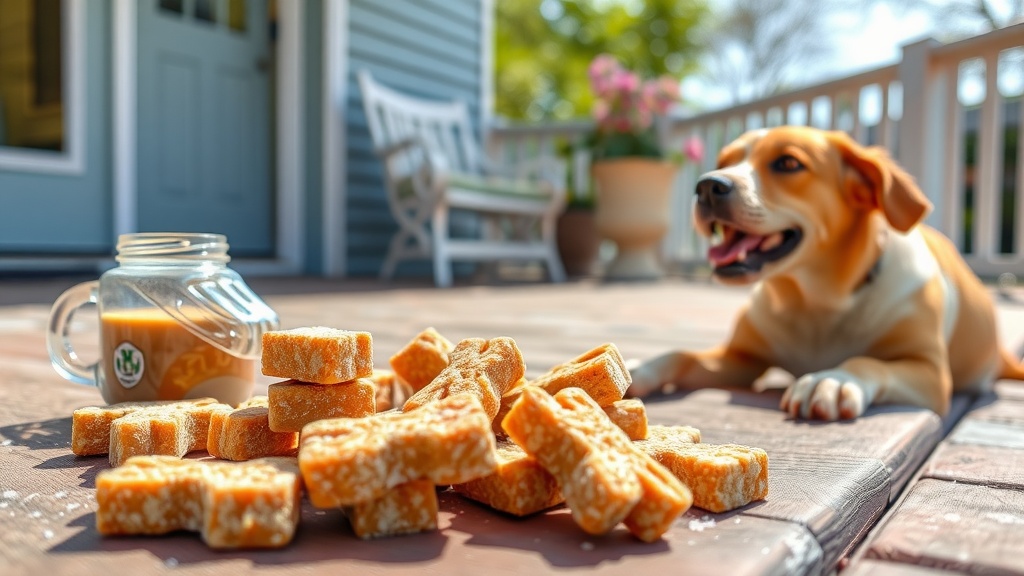 A happy dog sitting near peanut butter and pumpkin frozen treats on a wooden surface.