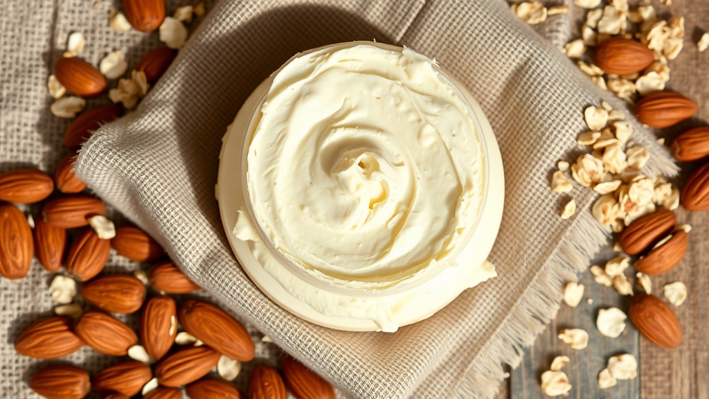 A jar of creamy almond and oatmeal body balm surrounded by almonds and oats.