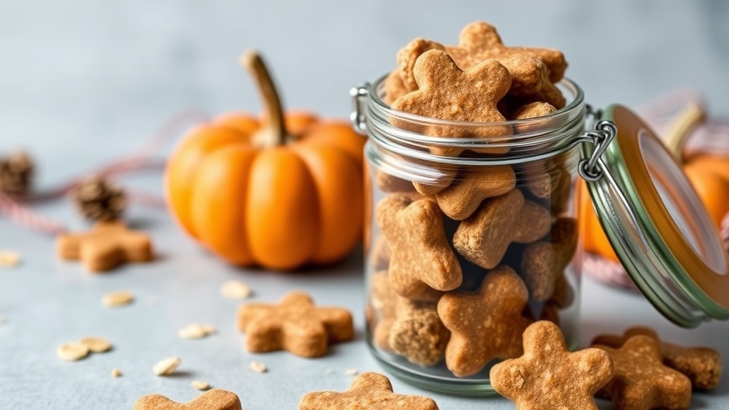 A jar of pumpkin and oatmeal dog treats surrounded by autumn leaves