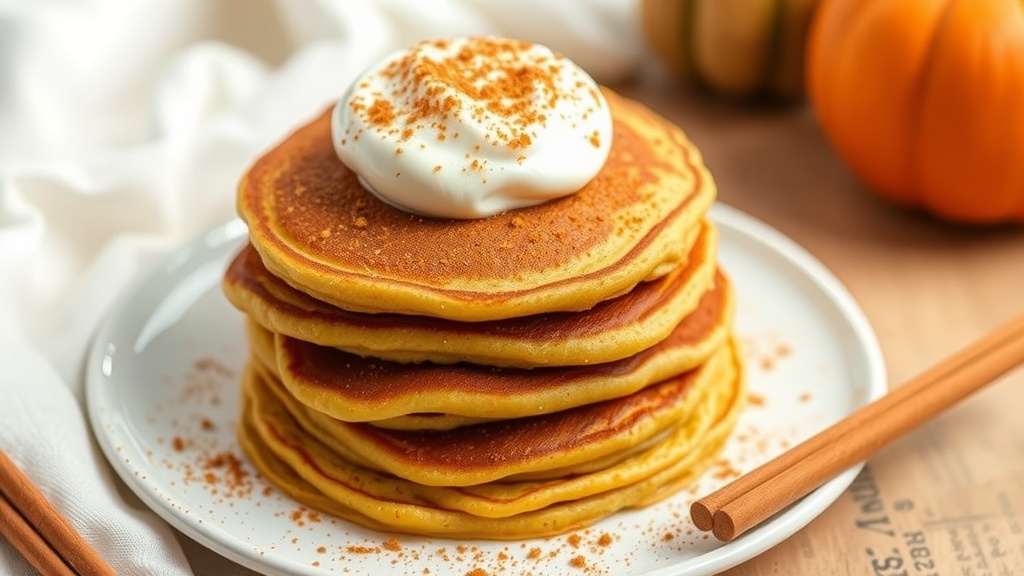 Stack of pumpkin spice keto pancakes topped with whipped cream and cinnamon.
