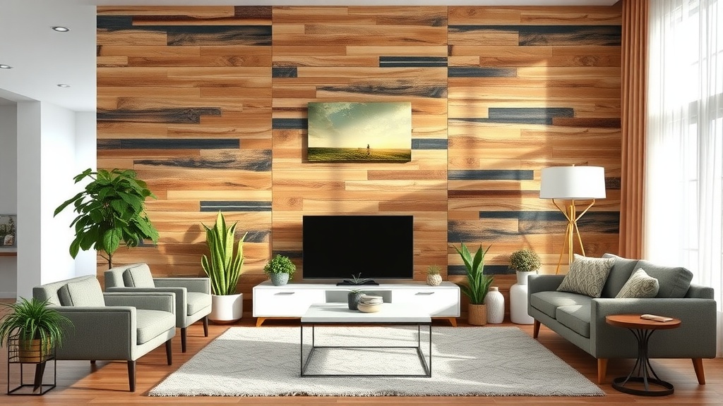 Cozy living room with a reclaimed wood accent wall, plants, and modern furniture.