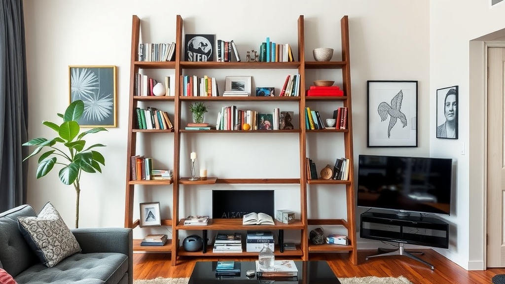 A stylish repurposed ladder bookshelf filled with books and decorative items.