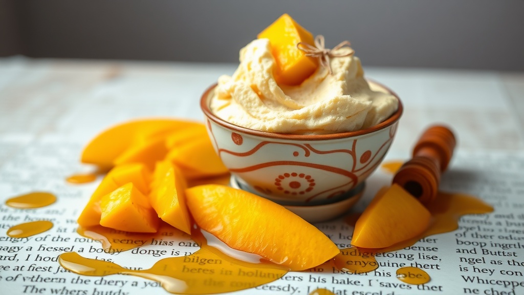 A bowl of mango and honey body butter surrounded by fresh mango slices