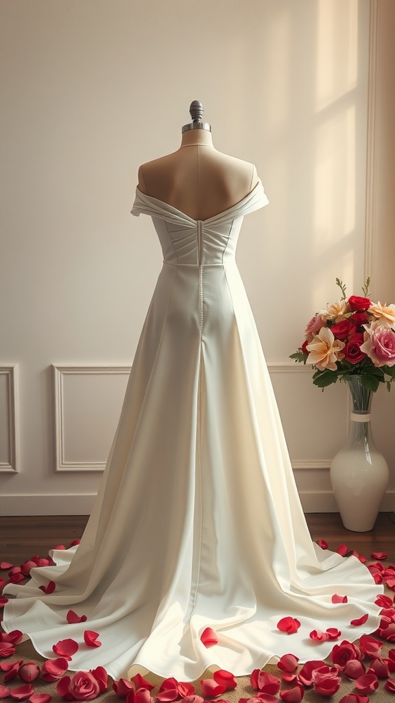An elegant off-the-shoulder wedding gown displayed on a mannequin, surrounded by rose petals.