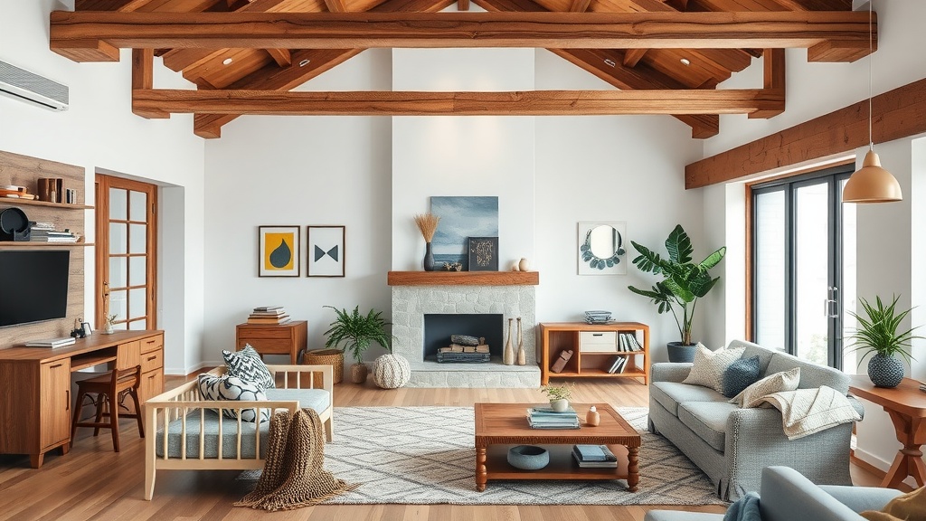 A bright and airy living room featuring rustic wood accents, with wooden beams and furniture.