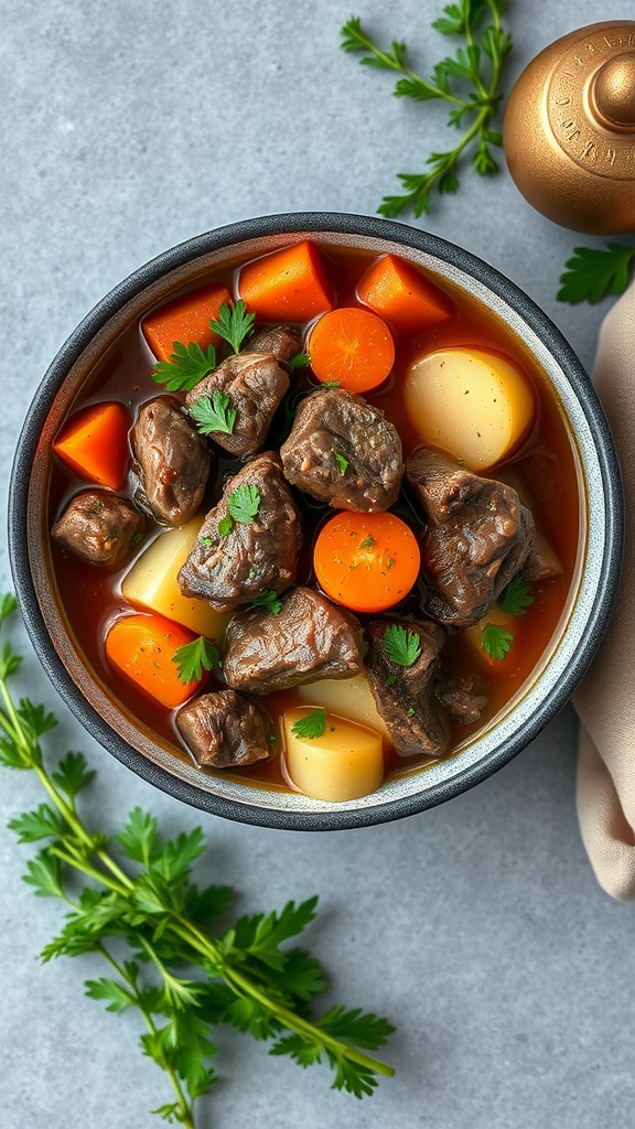 A bowl of hearty beef stew with carrots, potatoes, and parsley.