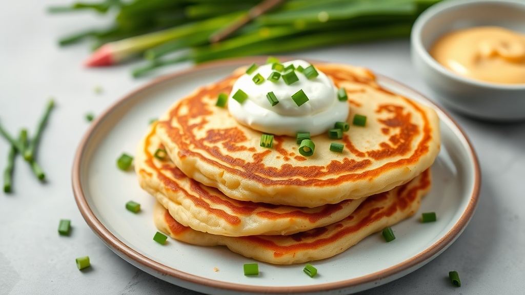 Savory cheddar and chive pancakes topped with sour cream and chopped chives.