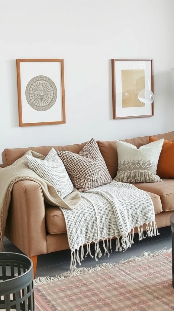 Cozy couch with Scandinavian-inspired textiles including textured throws and pillows