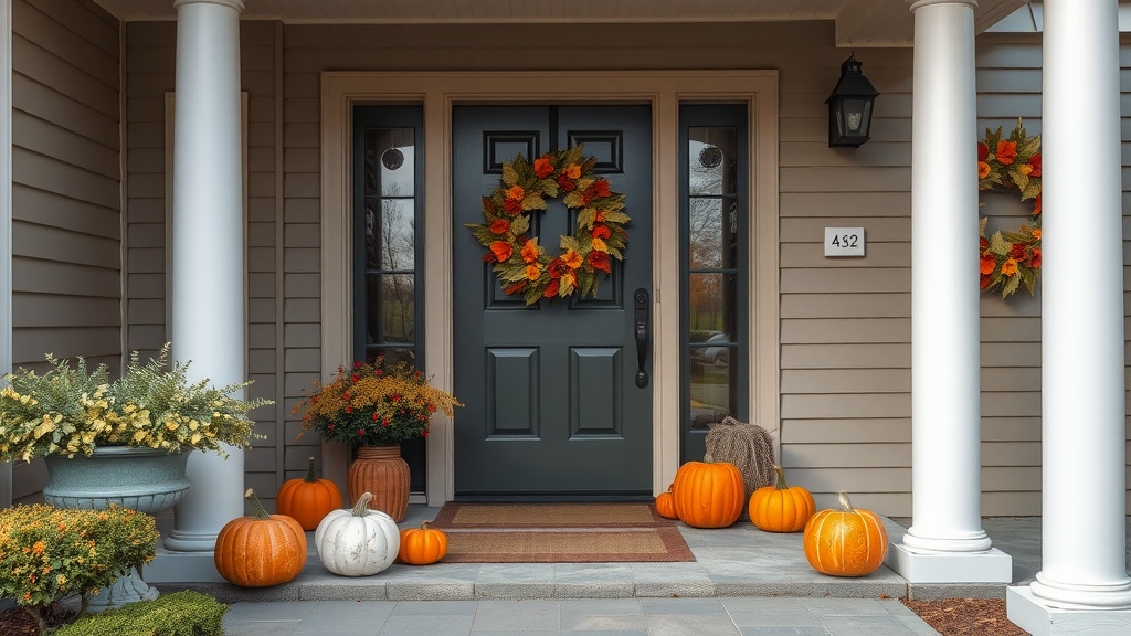 A charming farmhouse entrance decorated for fall with pumpkins, a wreath, and seasonal plants.