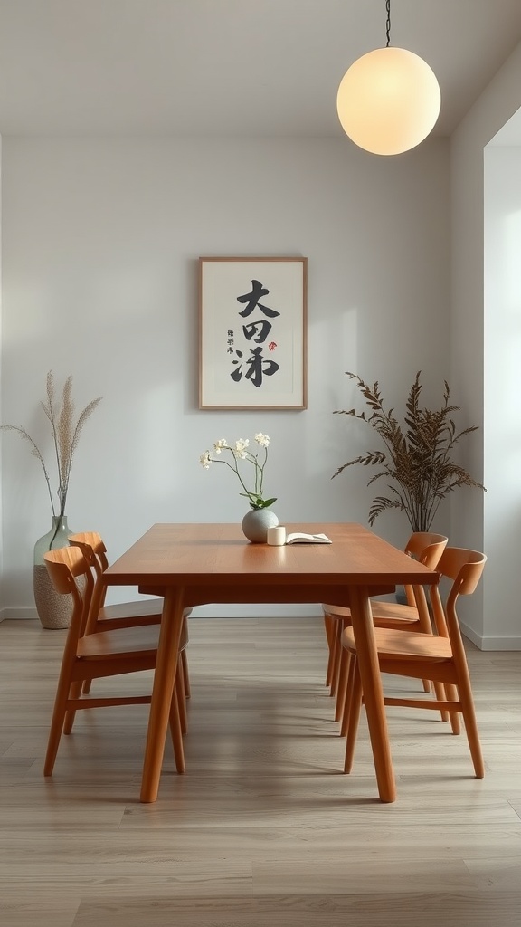 A simple dining space with a wooden table and chairs, featuring a vase of flowers and a wall art.