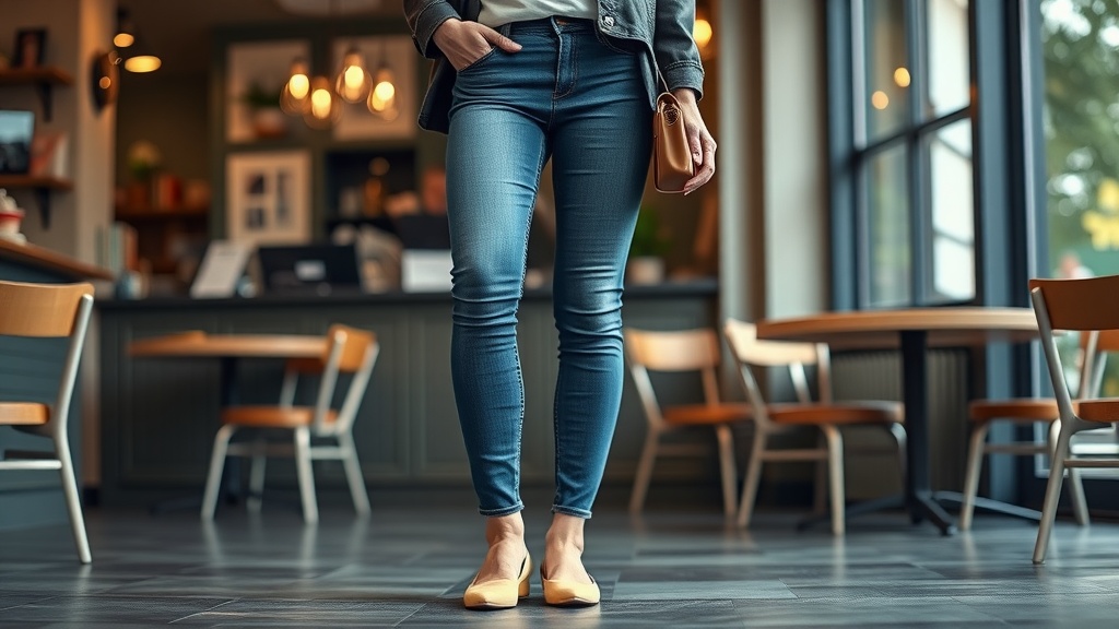 A person wearing skinny jeans and ballet flats in a cozy cafe setting.