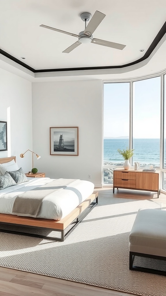 Modern coastal bedroom with sleek furniture and clean lines