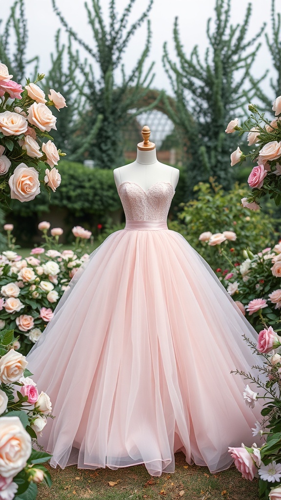 A soft blush pink tulle wedding gown displayed among pink roses.