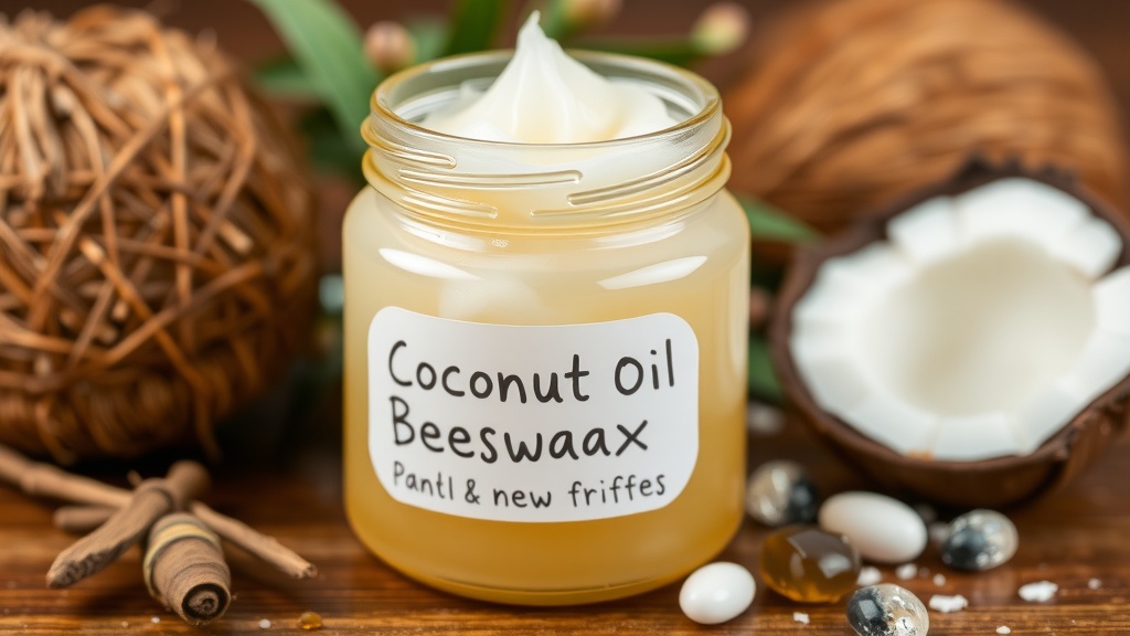 A jar of coconut oil and beeswax salve for puppies, surrounded by holiday decor and pine branches.