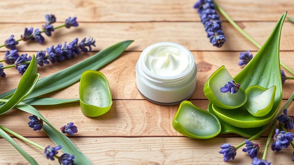 Lavender and Aloe Vera cream with lavender flowers and aloe leaves on wooden surface.