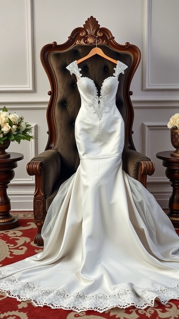 A sophisticated mermaid wedding dress displayed on a chair, featuring lace details and a flowing train.