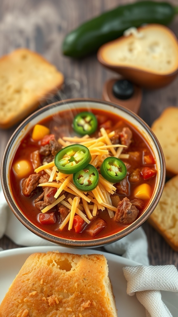 A bowl of spicy beef chili with beans, topped with cheese and jalapenos, alongside slices of cornbread.
