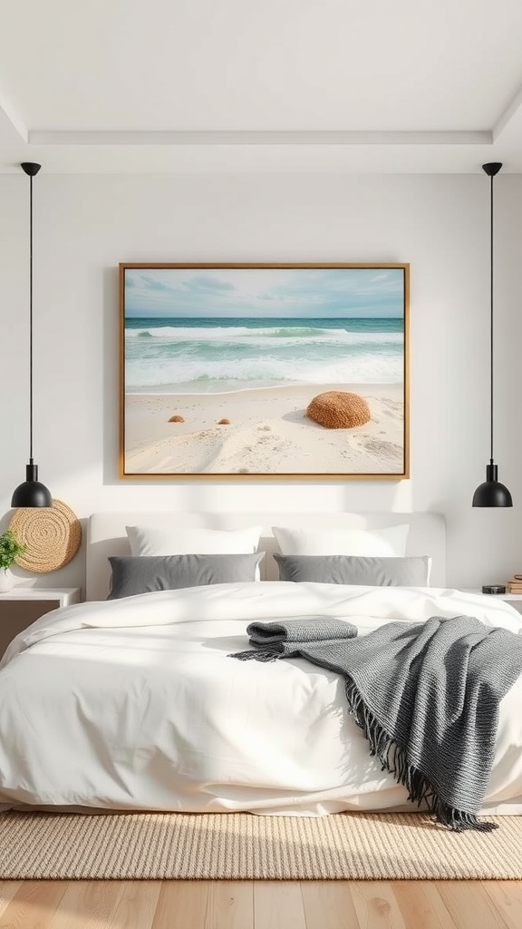 Modern bedroom with beach artwork above the bed and neutral decor.