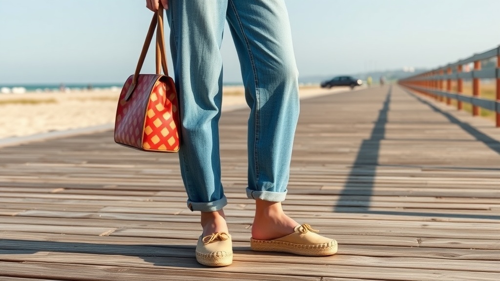 A person wearing straight-leg jeans and espadrilles, holding a colorful bag, standing on a wooden walkway beside the beach.