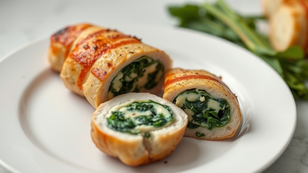 Stuffed chicken breast with spinach and cheese on a plate