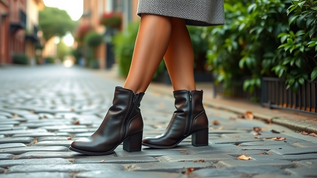 A close-up of stylish brown ankle boots on a cobblestone street.