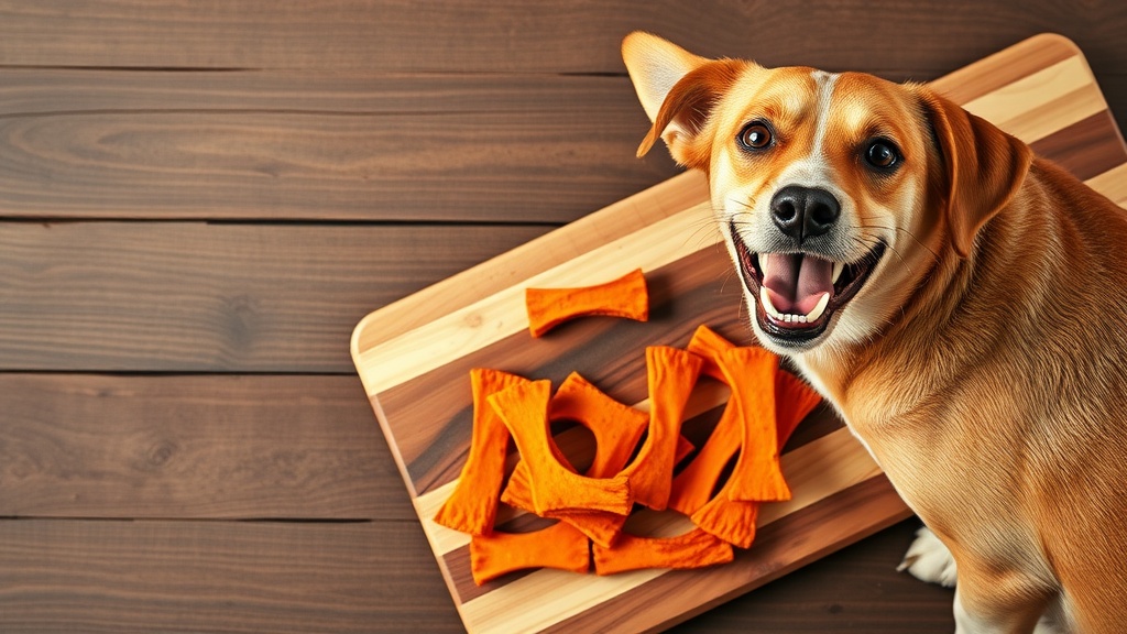 A happy dog next to homemade sweet potato chews on a wooden cutting board.