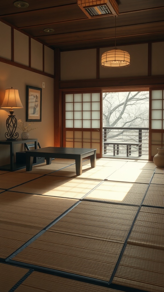 A serene room featuring tatami mats, a wooden table, and a view of nature.