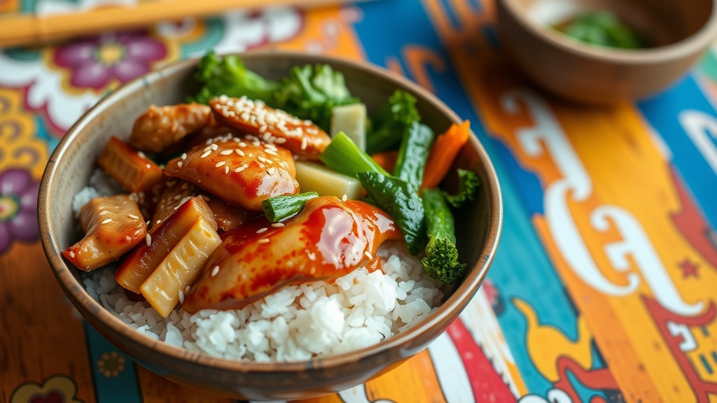 A delicious teriyaki chicken rice bowl with vegetables on a vibrant table.