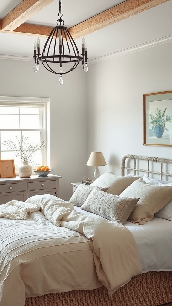 Cozy modern bedroom with textured fabrics and soft bedding.