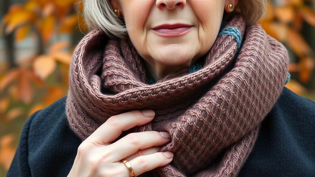 A woman wearing a textured scarf, showcasing a warm and stylish look.