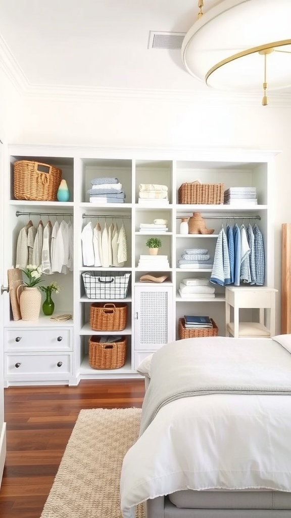 Modern bedroom with organized storage solutions including shelves and baskets