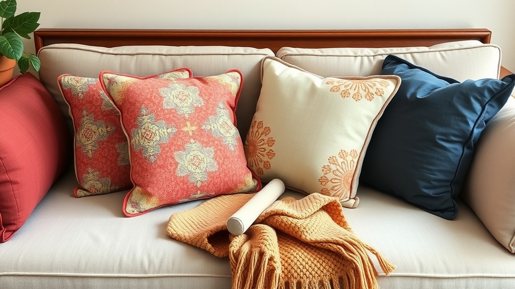 Colorful upcycled fabric pillows on a couch with a cozy throw blanket.