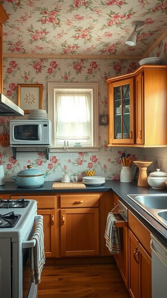 A cozy kitchen with floral wallpaper and wooden cabinets.