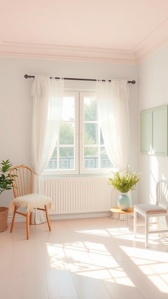 A bright room with soft colors, featuring light curtains, a plant, and cozy chairs.