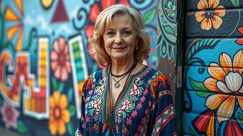 A woman wearing a colorful vintage-inspired boho blouse against a vibrant mural background.