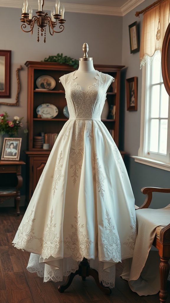 Vintage-inspired tea length wedding dress with lace detailing