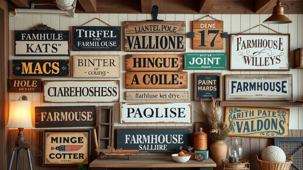 A collection of vintage farmhouse signs displayed on a wall.