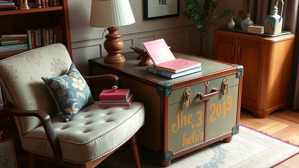 A cozy living area featuring a vintage suitcase side table next to an armchair.