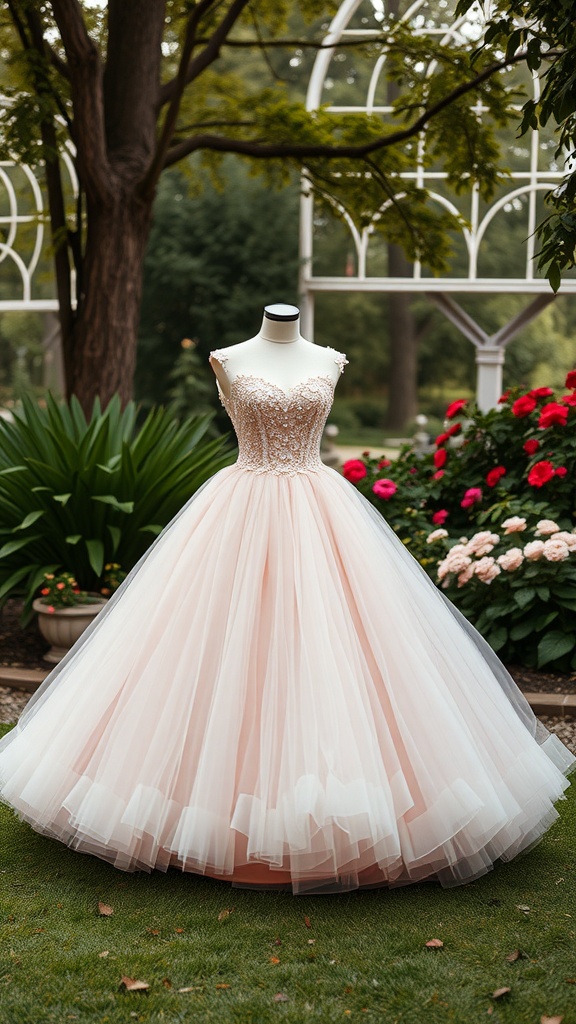 A whimsical ball gown with a fitted bodice and layered tulle skirt in a soft pink color.